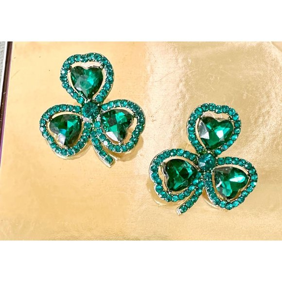 Shamrock Earrings Green Austrian Crystals Hearts Posts New St Patrick's … - Picture 3 of 11
